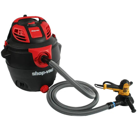 Shop-Vac connected to Quick Click Expanded Multi Brand Power Tool Dust Collection Adapter Set with tool attached.