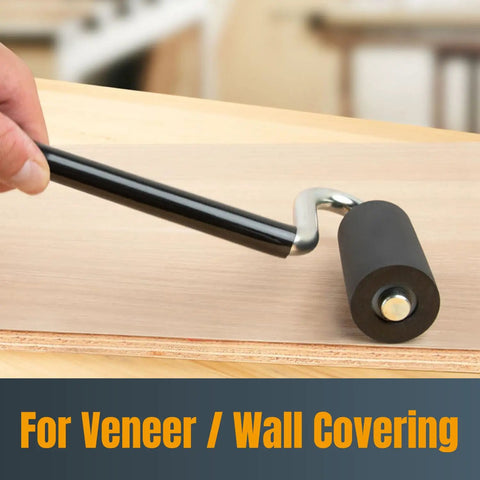 12 Inch Long Handle J Roller For Laminate And Veneer Applications With A One And A Half Inch Diameter And Three Inch Wide Rubber Roller
