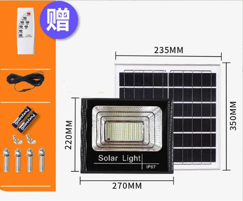 JUDYSSY 800W Solar Floodlight Outdoor Spotlight Ip66 Waterproof with Remote Control, LED Floodlight, Solar Panel Light shown with remote and accessories.