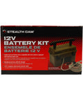 Rugged 12 Volt Battery Box For Trail Cameras with handle, AC charger, and covered cable for cold weather use.