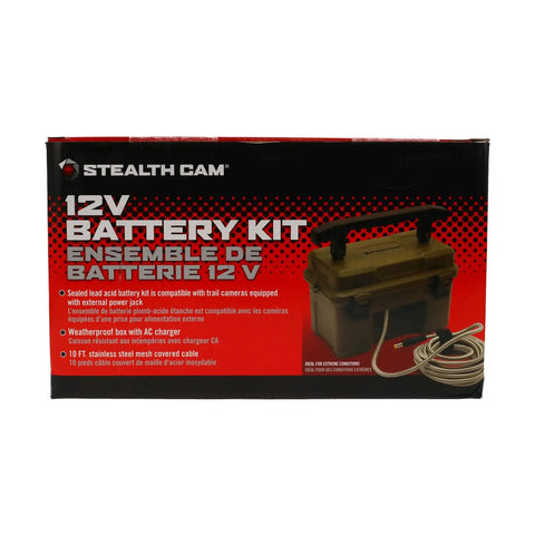 Rugged 12 Volt Battery Box For Trail Cameras with handle, AC charger, and covered cable for cold weather use.