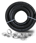 Coiled black braided 1/2-inch oil cooler hose with SAE J1532 markings and metal clamps