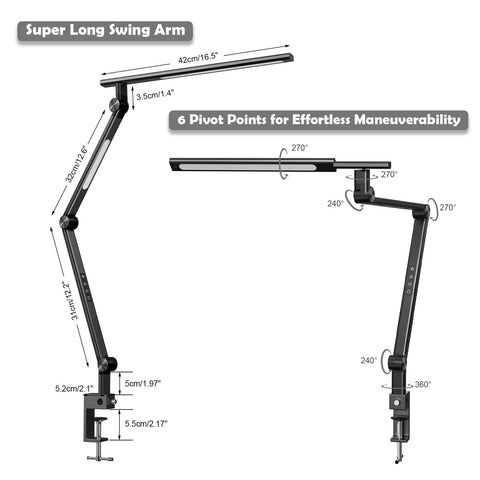 LED Desk Lamp With Clamp For Home Office, Dual Light Source 18W, Eye Caring Fresnel Lens shown with swing arm dimensions