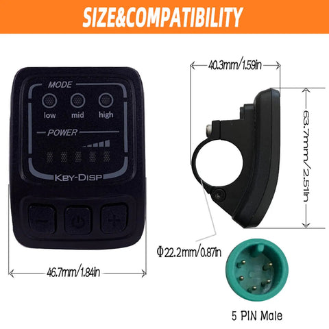 LED Display For 24V 36V 48V Electric Bikes KD26E Meter with UART Protocol showing dimensions and 5-pin connector