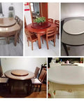 Various dining tables showcasing Heavy Duty Wooden Lazy Susan Turntable 33 Inch Round Serving Tray for versatile meal hosting.