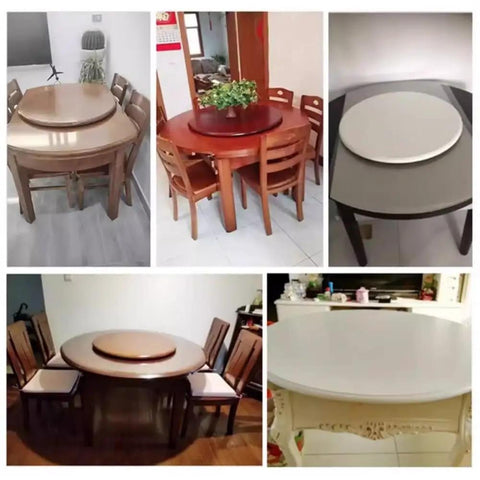 Various dining tables showcasing Heavy Duty Wooden Lazy Susan Turntable 33 Inch Round Serving Tray for versatile meal hosting.