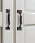 30 Pack Heavy Duty Black 6 Inch Cast Iron Gate Handle Set on white doors, easy install with screws.