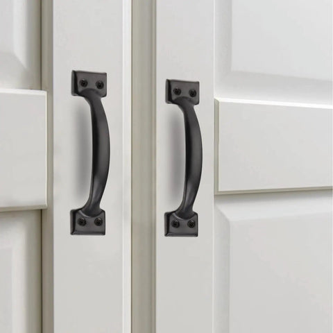 30 Pack Heavy Duty Black 6 Inch Cast Iron Gate Handle Set on white doors, easy install with screws.