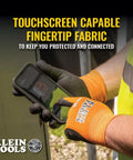 Person using phone with Rugged Knit Dipped Work Gloves With Nitrile Coating For Cut Resistance ANSI A1 Touchscreen Compatible.