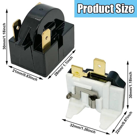 4.7 Ohm 3 Pin PTC Start Relay With Overload Protector product dimensions shown in black and white components, ideal for Whirlpool, Kenmore fridges.