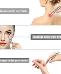 Pro Grade Stainless Steel Deep Tissue Massage Tool For Facial Reflexology And Trigger Point Therapy Sleek At Home Spa Massager shown being used on back, face, and hand.