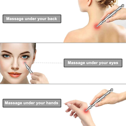 Pro Grade Stainless Steel Deep Tissue Massage Tool For Facial Reflexology And Trigger Point Therapy Sleek At Home Spa Massager shown being used on back, face, and hand.