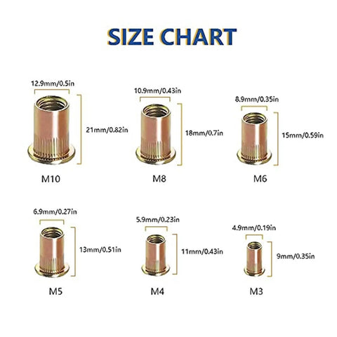 Size chart for 10 Piece Flat Head Threaded Insert Nuts Kit M3 To M12 showing dimensions of each nut in millimeters and inches.
