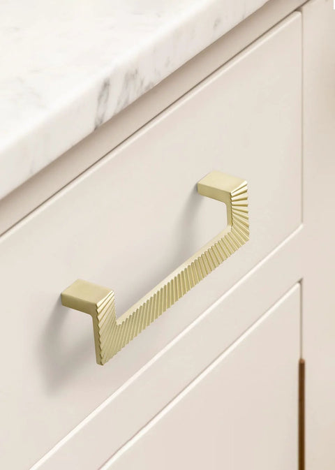 Five Pack Gold Cabinet Pulls 5 Inch Center To Center Brushed Brass Drawer Handles for Bathroom Vanity and Cabinets installed