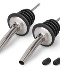 Set Of 2 Stainless Steel Pourers For Liquor Olive Oil And Vinegar Bottles With Tapered Stopper Spouts No Spill Control Sealed Dust Caps Fits About Three Quarters Inch Bottle Openings Durable And Easy To Clean Built Like A Tank, with black caps
