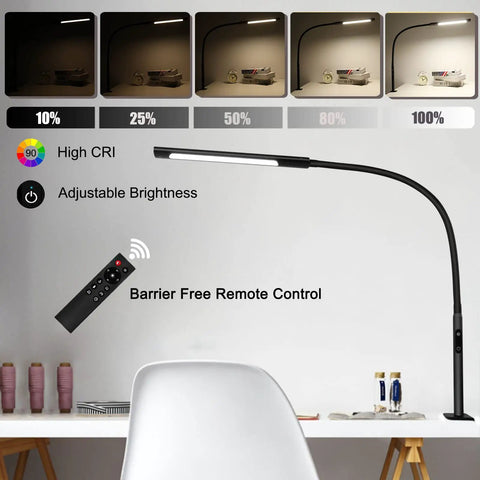Swing Arm Desk Lamp With Remote Eye Care Gooseneck LED Clamp Light Dope Brightness And Color Temperature Memory Function And Timer Low Glare 12W Black on desk with remote control, demonstrating adjustable brightness settings.