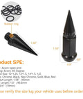 Set Of 20 12x1.5 Extended Spike Lug Nuts For Wheel Rims Tuner Style Black Forged Steel 60 Degree Cone Seat 2 Piece Design Bolt On Ready Closed End Premium Durability For Safe High Performance Tire Refits, showing dimensions and specifications.