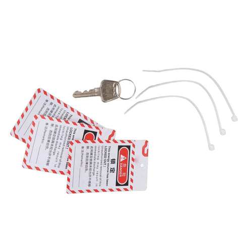 Three warning tags, steel key, and white zip ties related to Adjustable Cable Lock Padlock With Built In Cable for safety use.