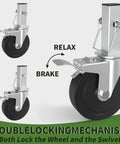 Five Inch Scaffolding Wheels Set Of Four With Dual Locking Brakes And Square Stem For Scaffolding Heavy Duty Steel Caster Wheels 440 Lbs Capacity Per Wheel Smooth Rolling And Secure Locking For Stable Construction, showing three wheels with locking mechanism and square stem.