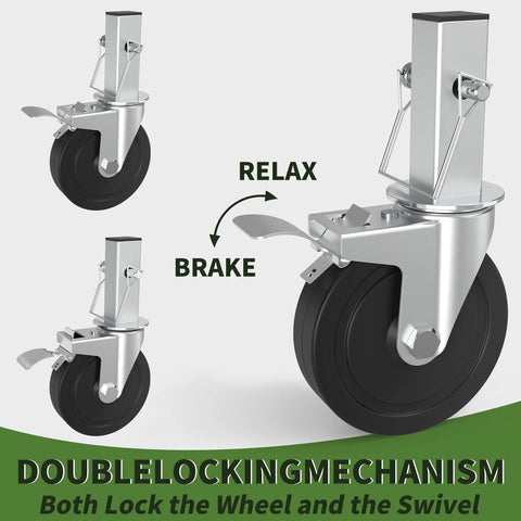 Five Inch Scaffolding Wheels Set Of Four With Dual Locking Brakes And Square Stem For Scaffolding Heavy Duty Steel Caster Wheels 440 Lbs Capacity Per Wheel Smooth Rolling And Secure Locking For Stable Construction, showing three wheels with locking mechanism and square stem.