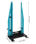 Pro Grade Wheel Truing Stand For Bikes in blue high carbon steel with adjustable arms and tabletop base, shown with dimensions.