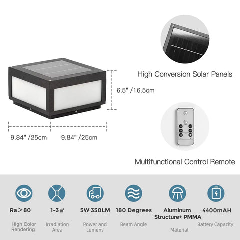 Diagram showcasing Solar Post Lights Outdoor Waterproof Dusk To Dawn Pillar Lighting dimensions, features, and remote control.
