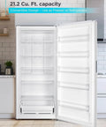 Bumper Fit 21 2 Cubic Foot Upright Freezer Fridge With Jacked Up Storage And Quick Chill Circulation Ready For Your Garage Apartment Or Dorm Room In Crisp White, interior view showing spacious shelves.