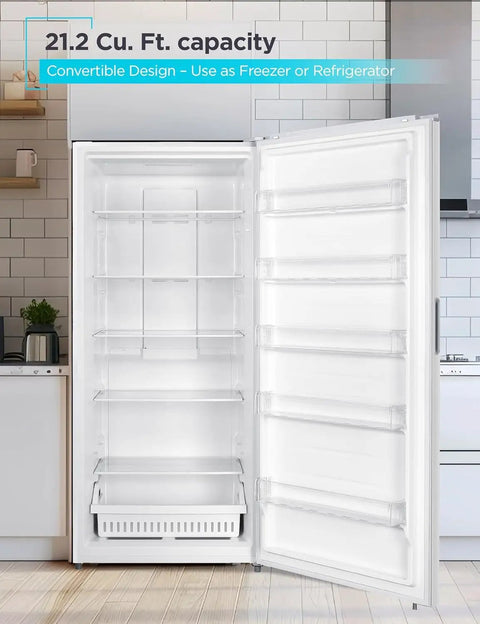 Bumper Fit 21 2 Cubic Foot Upright Freezer Fridge With Jacked Up Storage And Quick Chill Circulation Ready For Your Garage Apartment Or Dorm Room In Crisp White, interior view showing spacious shelves.