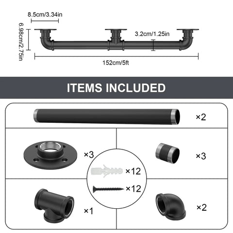 5Ft Industrial Pipe Stair Railing Black Wall Mount Handrail For Indoor Outdoor Stairs Porch Grab Bar 1.3 Inch Diameter parts