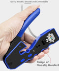 Person holding RJ45 Pass Through Crimp Tool for Cat5 Cat5e Cat6 Cat6a and Cat7 Shielded Mod Plugs with blue handle