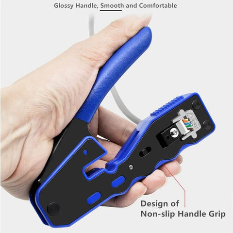 Person holding RJ45 Pass Through Crimp Tool for Cat5 Cat5e Cat6 Cat6a and Cat7 Shielded Mod Plugs with blue handle