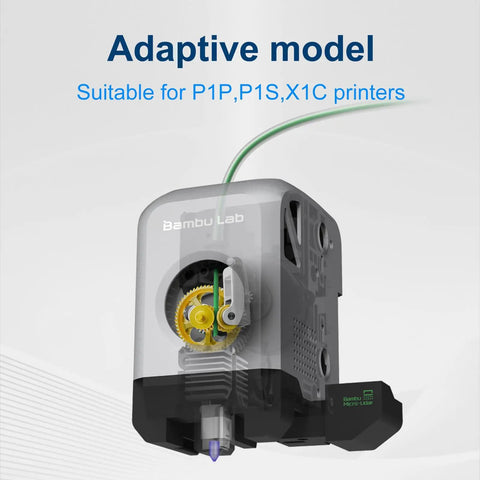Front view of Bambu Lab adaptive extruder featuring Gold RNC Nanocoated Hardened Steel Extruder Gear For Bambu Lab X1C P1P P1S 3D Printers Panda Claw Upgrade Delivers Beast Mode Durability Self Lubricating Performance Rust Resistance For Tough Filaments Like CF PA GF PETG.