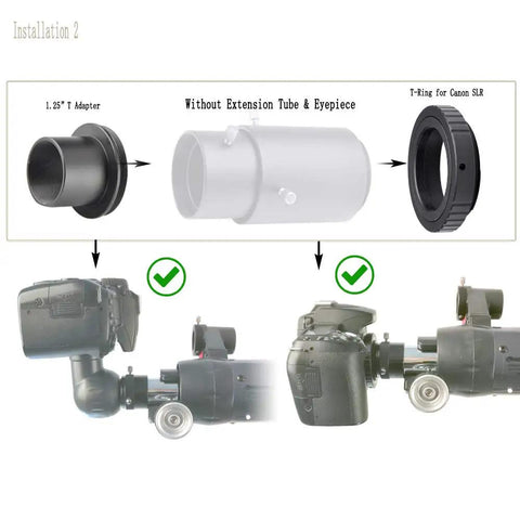 Installation steps of Variable Extension Telescope Camera Adapter for Canon SLR and DSLR Bodies to Telescopes with T2 Ring.