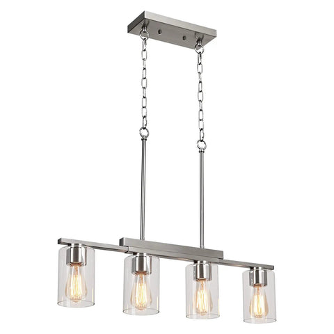 4 Light Linear Kitchen Island Pendant Light With Clear Glass Shades, Brushed Nickel Chandelier, Modern Farmhouse Style