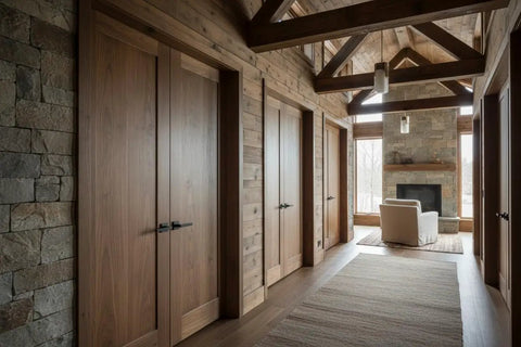 Warm Rustic Walnut Oil Based Interior Wood Stain Packing An Old School Knockout Finish, walnut cabinets in a rustic interior hallway.