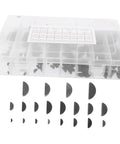 135 Piece Woodruff Key And Keyway Assortment Kit, Industrial Grade Carbon Steel, Semicircular keys displayed in organizer box