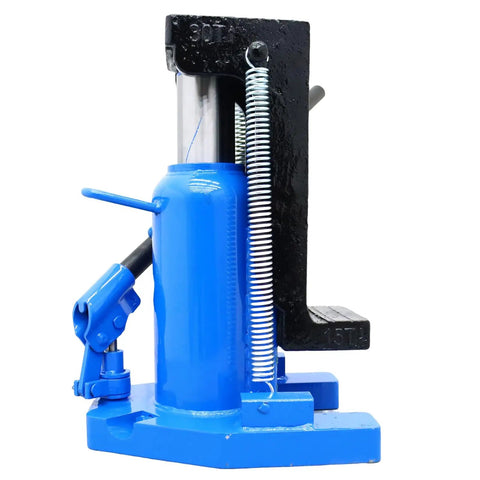 Heavy Duty Workhorse Air Hydraulic Toe Jack 15 To 30 Ton Lift Capacity in blue with steel build for garage tasks.