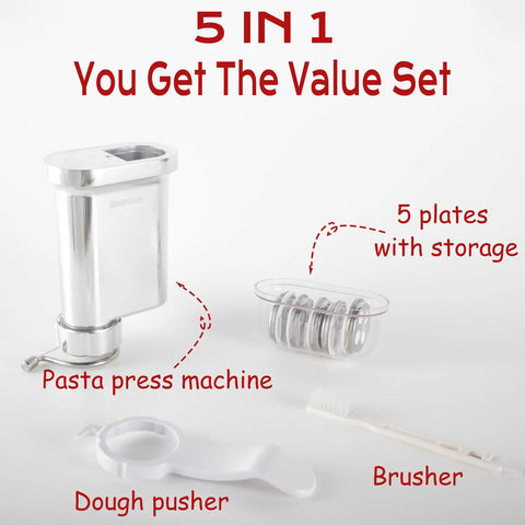 Heavy Duty Metal Pasta Press Attachment For KitchenAid Stand Mixer With Five Interchangeable Plates and accessories shown