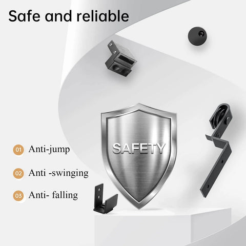 Safety features of 6 Ft Cabinet Bypass Sliding Barn Door Hardware Track Kit with anti-jump, anti-swinging, and anti-falling components.