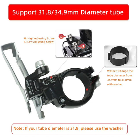 3 Speed Clamp On Front Derailleur For Mountain Bike And Road Bike With Top Or Bottom Pull Beefy Dual Pull Setup Fits 31.8mm To 34.9mm