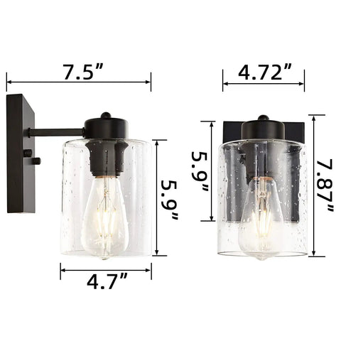 Set Of Two Matte Black Wall Sconces With Clear Glass Shade, Industrial Farmhouse Vanity Lighting Fixtures with dimensions