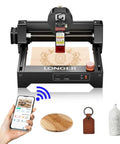 Laser engraver LONGER Ray5 mini home device; 140x130mm engraving area, WiFi, emergency stop; wood disc and leather keychain