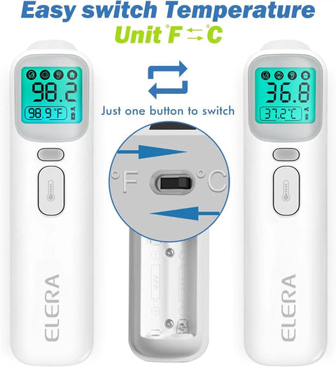Kid Friendly Forehead And Ear Thermometer With No Contact 1 Second Reading For Kids And Adults Fever Alarm Mute Mode LCD Display Touchless Scan For Babies Toddlers And Family, F/C switch