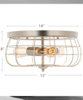 Industrial Three Light Metal Cage Flush Mount Ceiling Light In Brushed Nickel Vintage Farmhouse Style with size dimensions visible