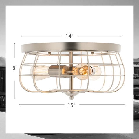 Industrial Three Light Metal Cage Flush Mount Ceiling Light In Brushed Nickel Vintage Farmhouse Style with size dimensions visible