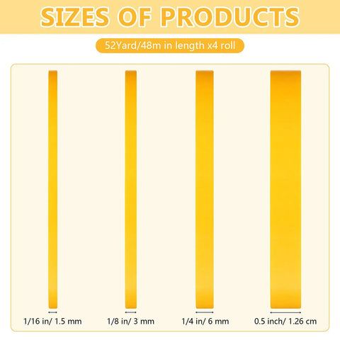 Four Pack Painters Tape Set With 1/16, 1/8, 1/4 And 1/2 Inch Widths, 52 Yards Each, shown in yellow color for size comparison