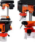 Heavy Duty 8 Inch Benchtop Drill Press With 5 Variable Speeds Ranging From 770 To 3410 RPM showing front and side view, included chuck and table.