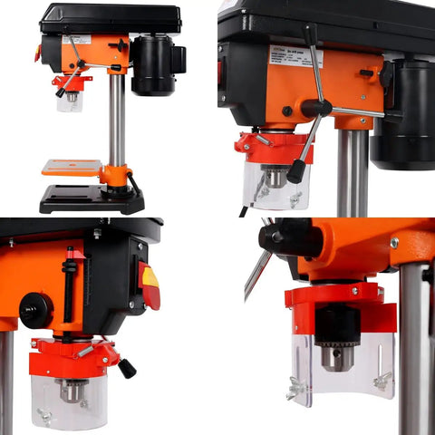 Heavy Duty 8 Inch Benchtop Drill Press With 5 Variable Speeds Ranging From 770 To 3410 RPM showing front and side view, included chuck and table.