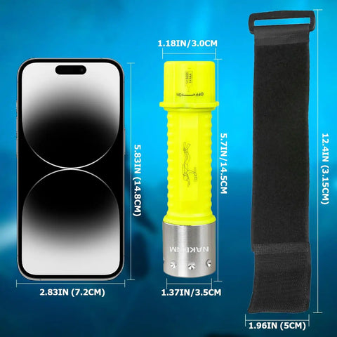 Size comparison of Two Pack Underwater LED Flashlights for Diving with yellow grip and wrist strap next to smartphone.