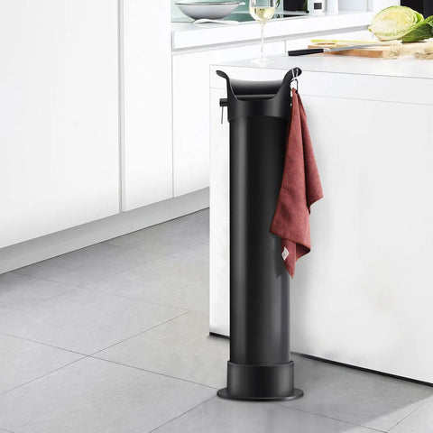 Floor Standing Espresso Knock Box For Baristas, Pro Style Commercial Grade Coffee Grounds Receiver next to a kitchen counter